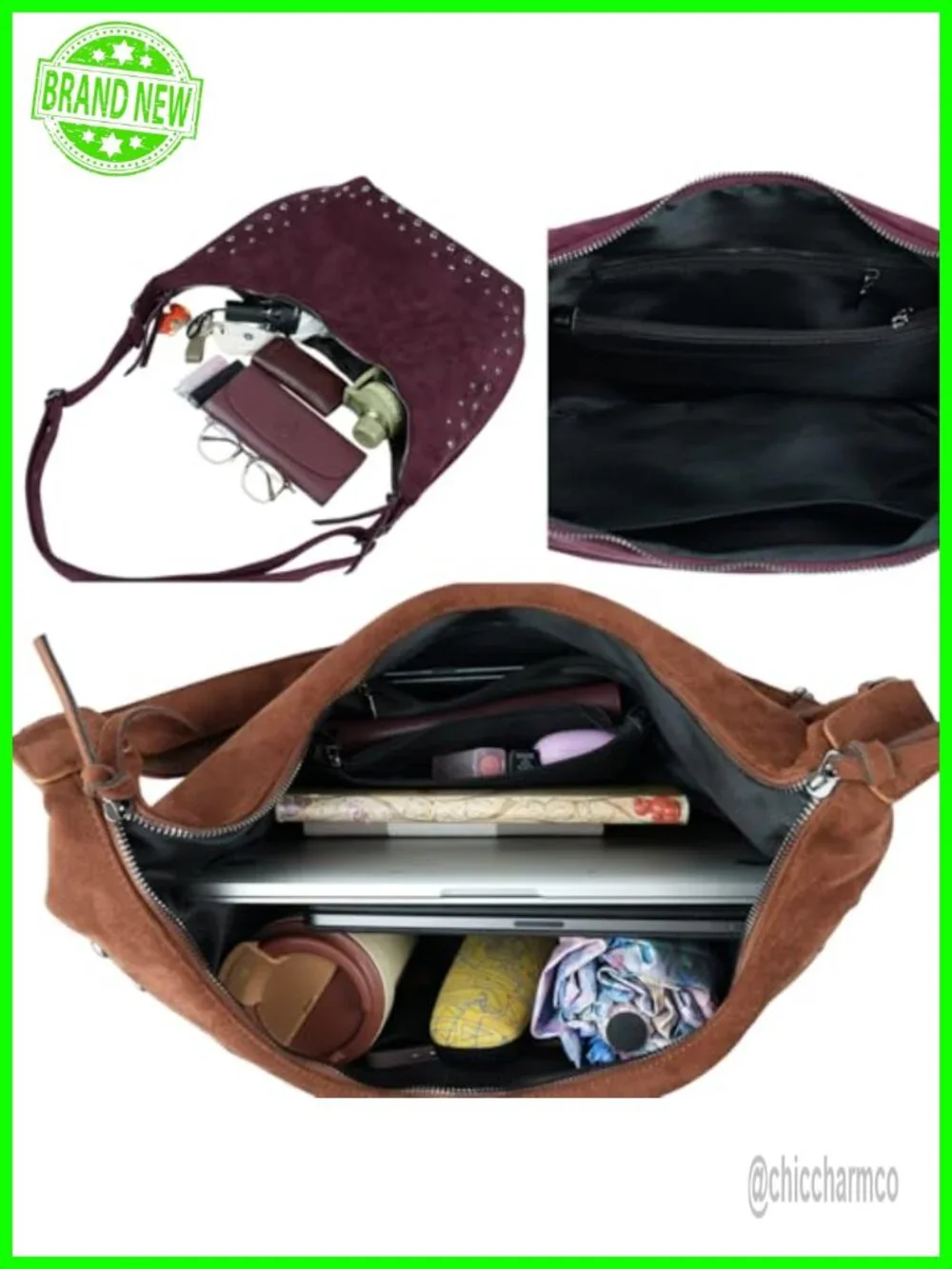 Faux Suede Hobo Bag with Studs - Adjustable Crossbody Shoulder Purse